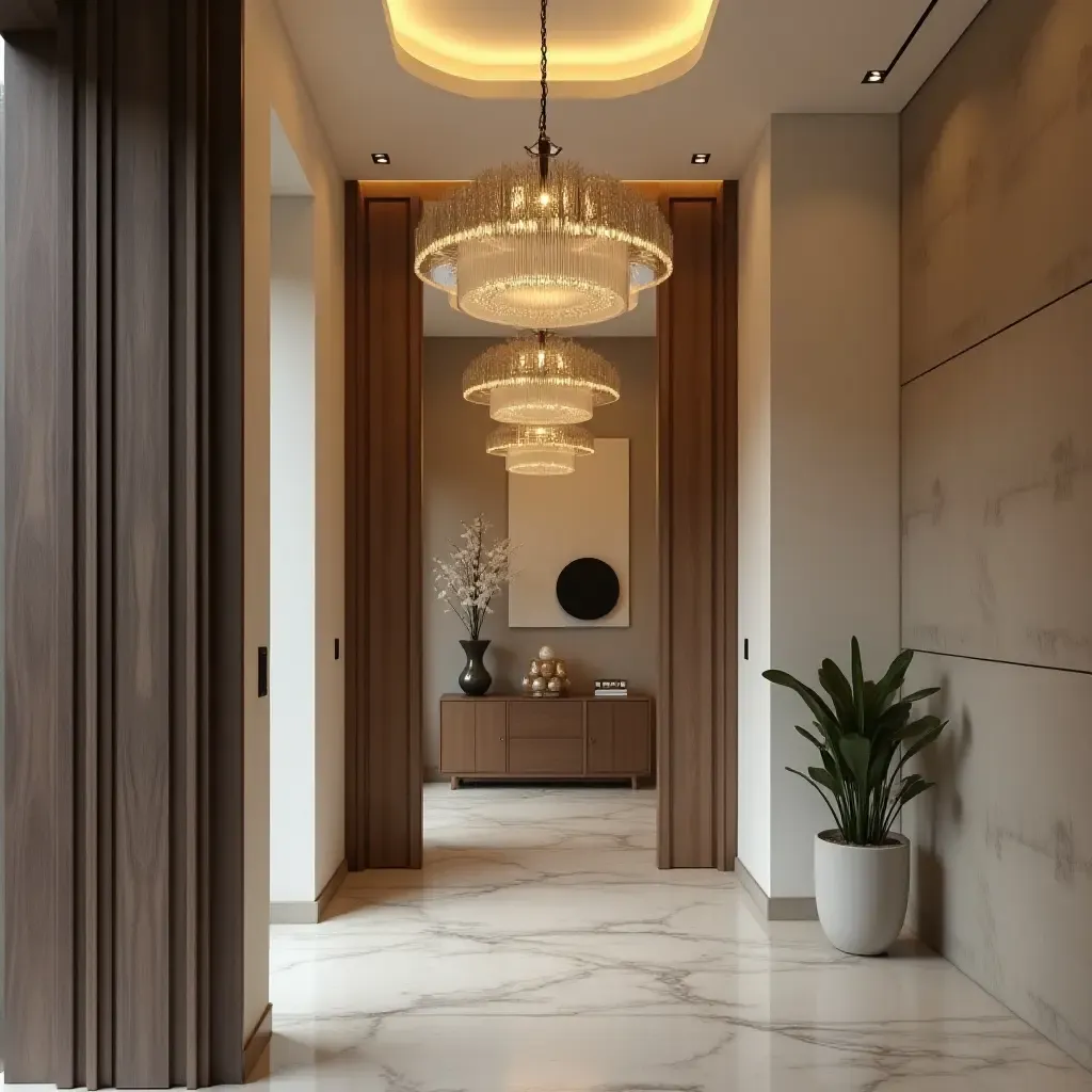 a photo of a contemporary entrance hall showcasing artistic pendant fixtures