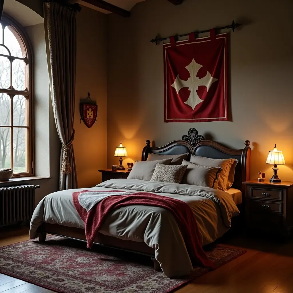 a photo of a medieval knight-themed bedroom with armor and banners