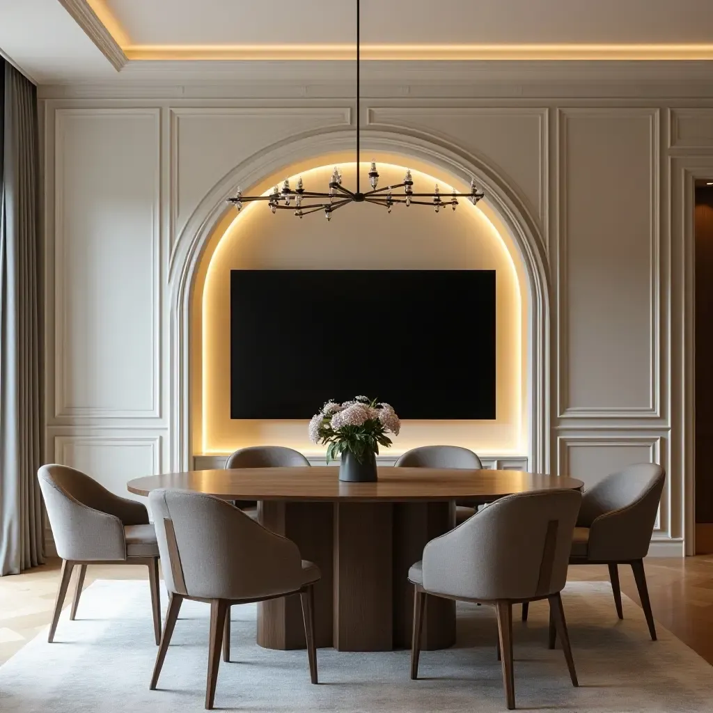 a photo of a sophisticated dining space with a TV integrated into a decorative archway