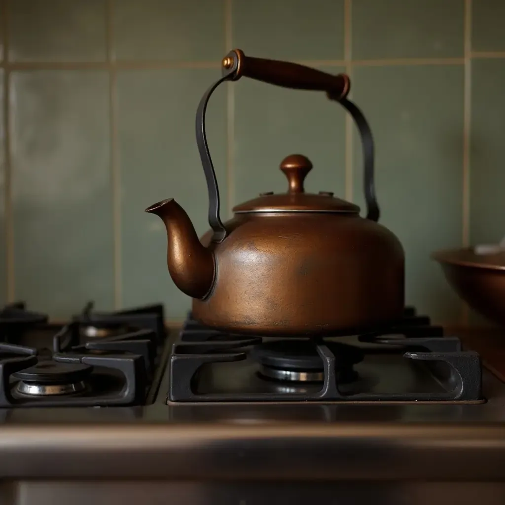 a photo of a vintage kettle on a modern stovetop