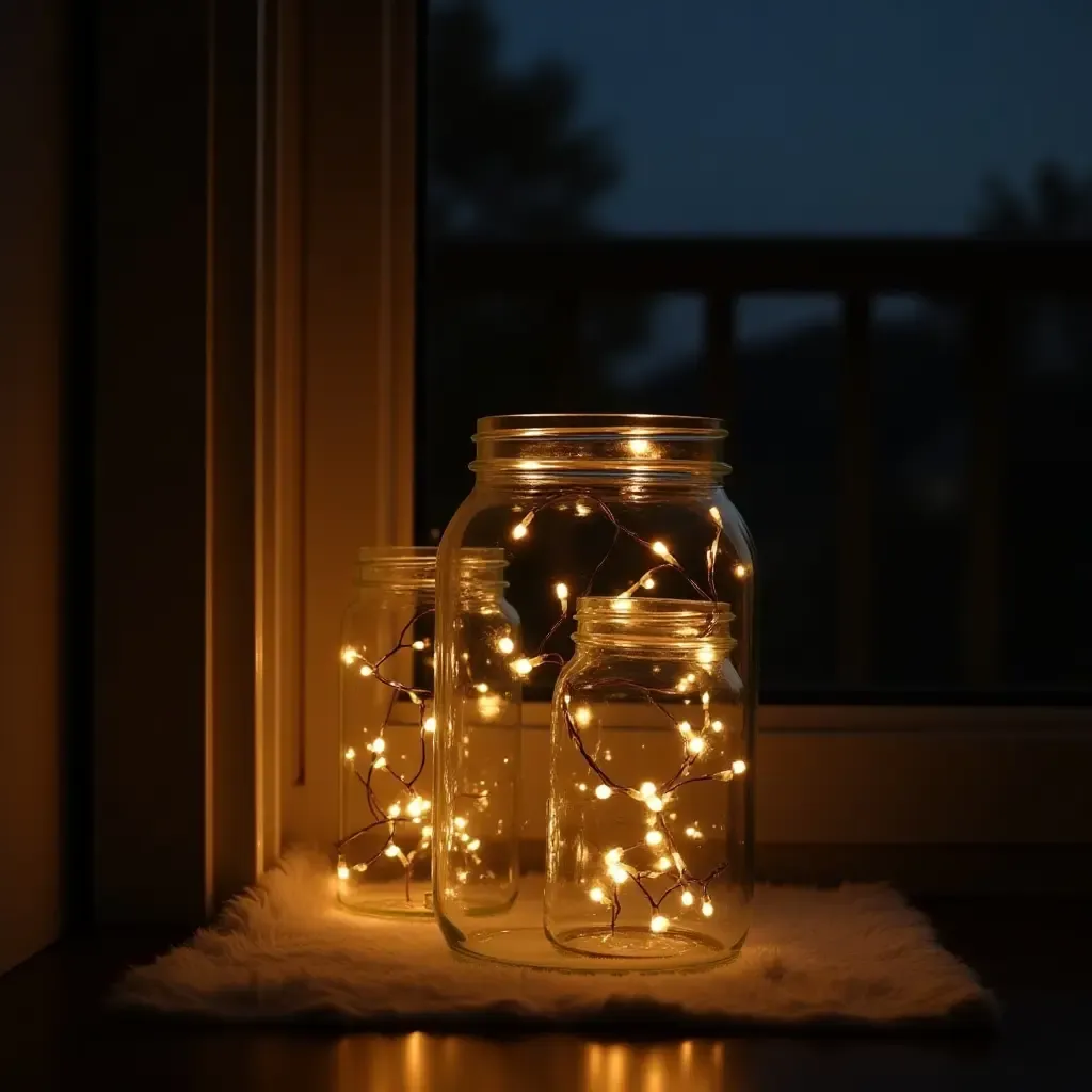 a photo of a cozy balcony with DIY fairy lights in mason jars