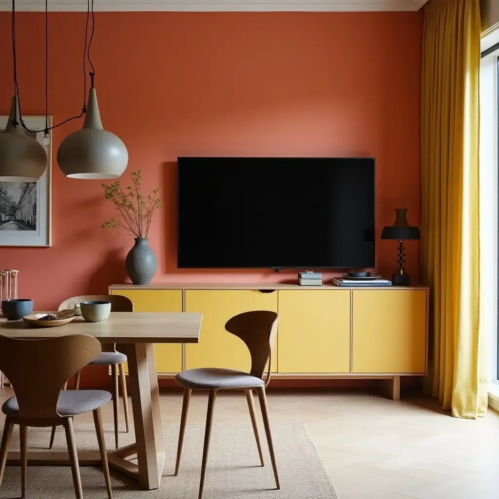 a photo of a vibrant dining space with a TV integrated into a buffet cabinet