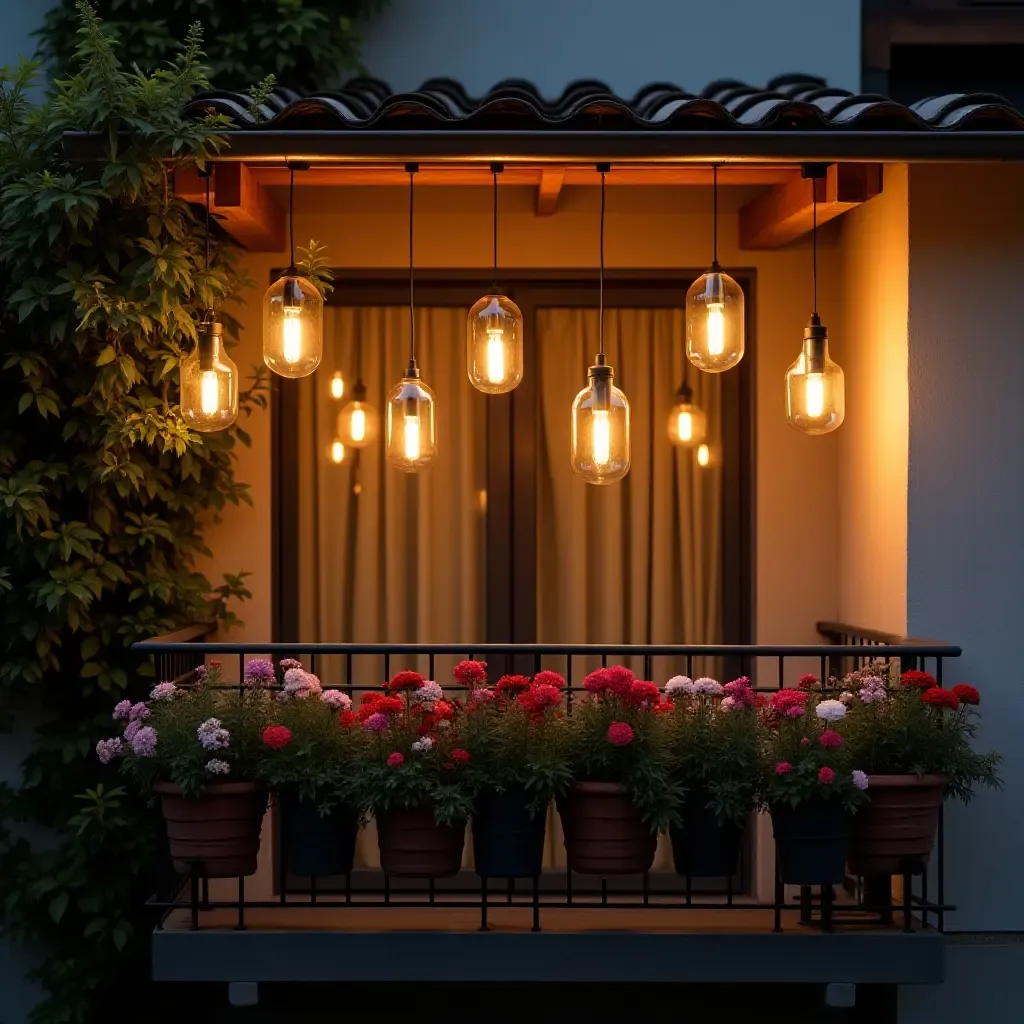 a photo of a balcony with pendant lights surrounded by flowers