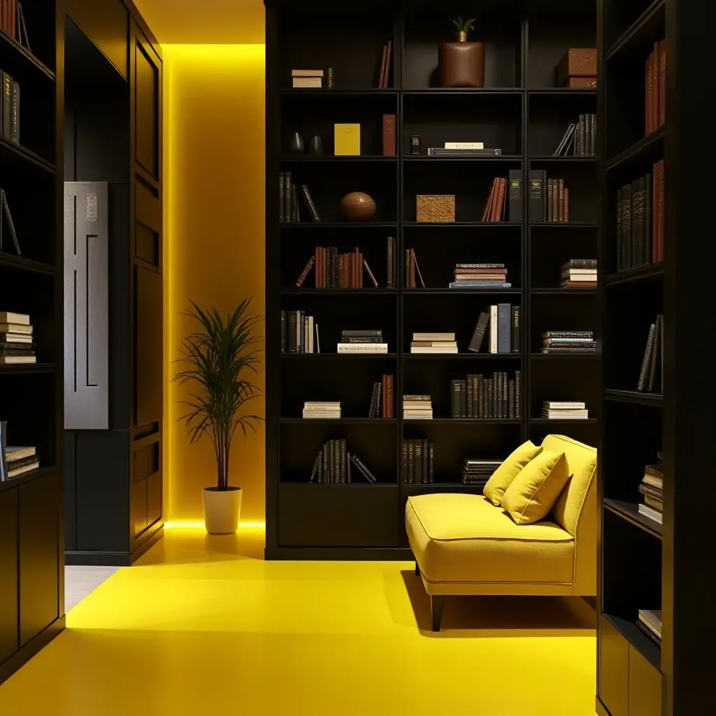 a photo of a modern black and bright yellow library with bold statements