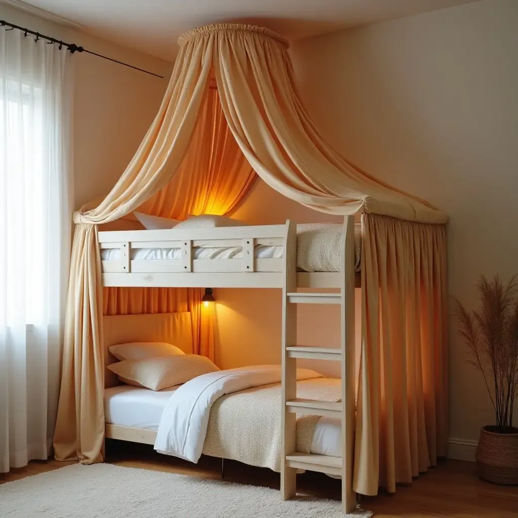 a photo of a loft bed with a stylish canopy for a dreamy vibe