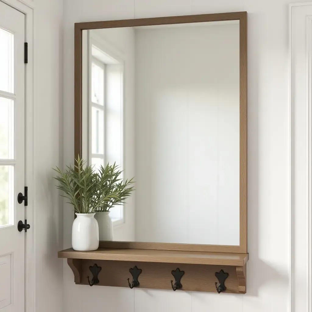 a photo of a farmhouse entryway with a large mirror and vintage hooks