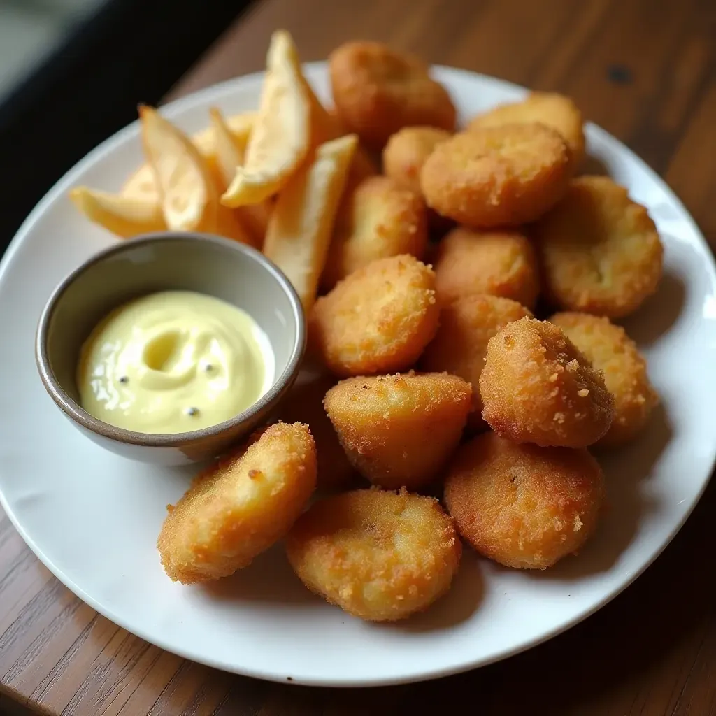 a photo of stylish petiscos platter with codfish fritters and lemon aioli