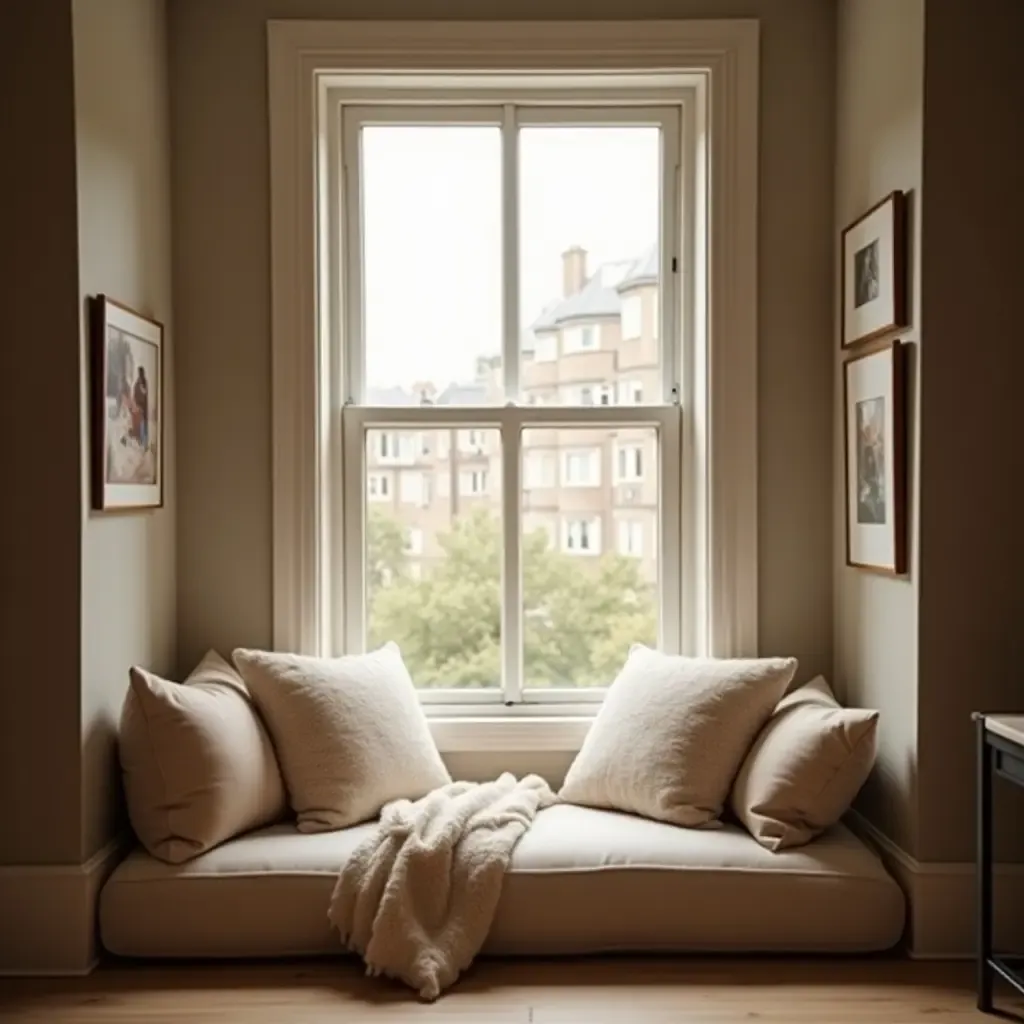 a photo of a cozy reading nook with a window view and soft pillows