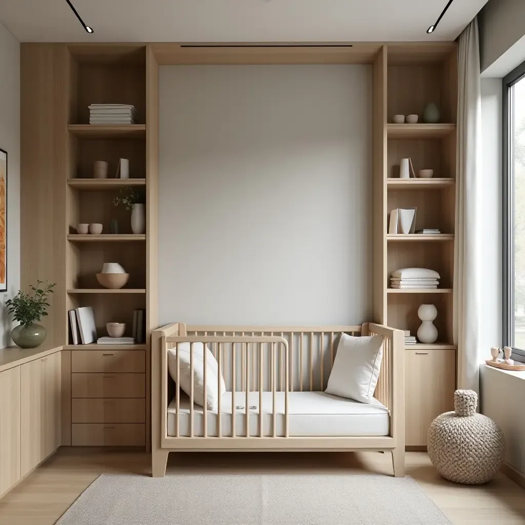 a photo of a nursery with a modern minimalist storage design