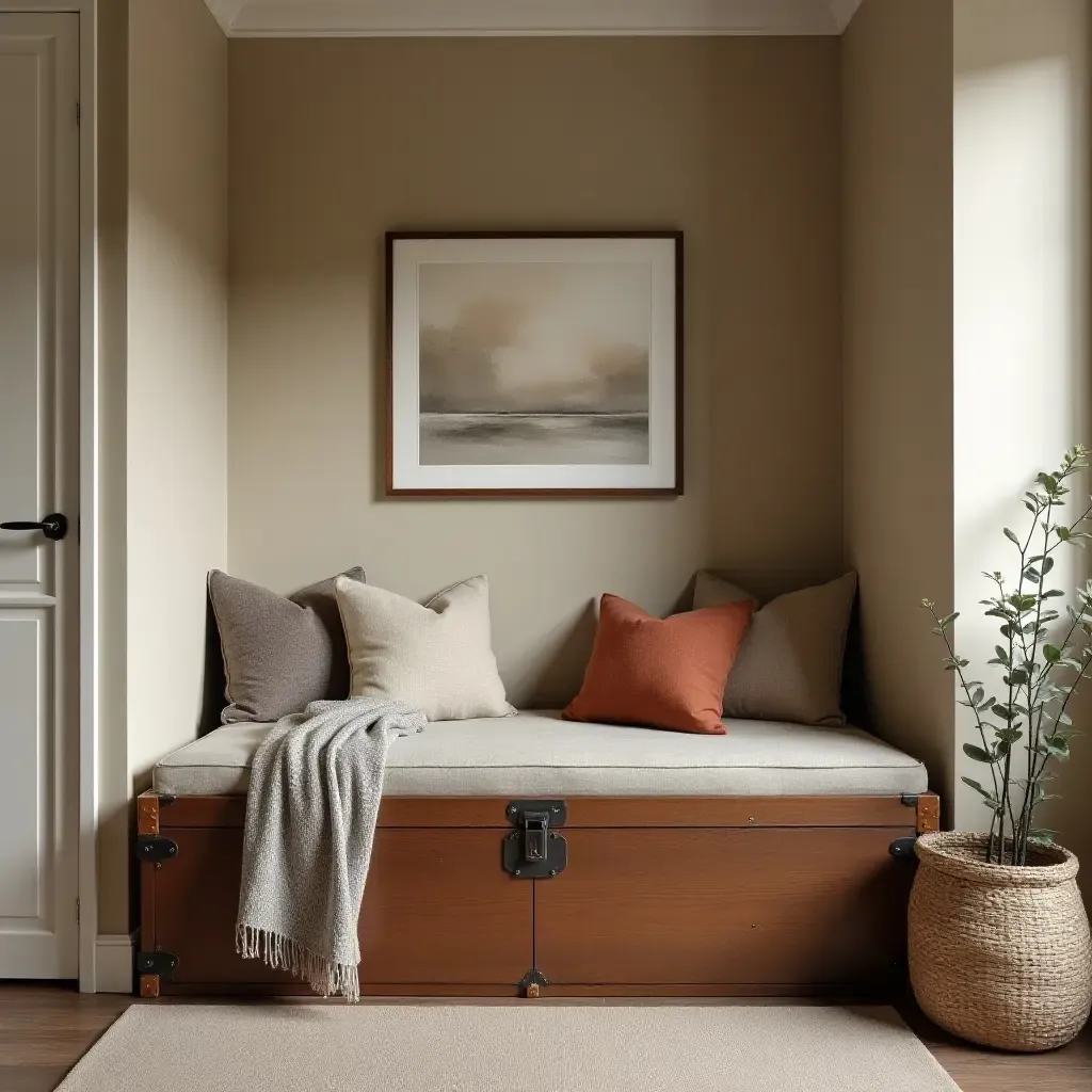 a photo of a cozy corner with a trunk for storage and seating