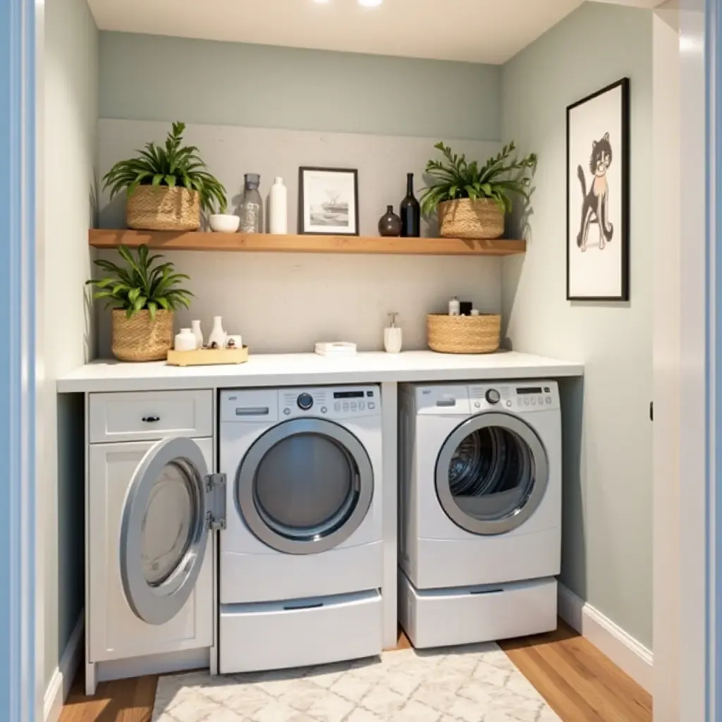 a photo of a basement laundry room with creative organization and decor