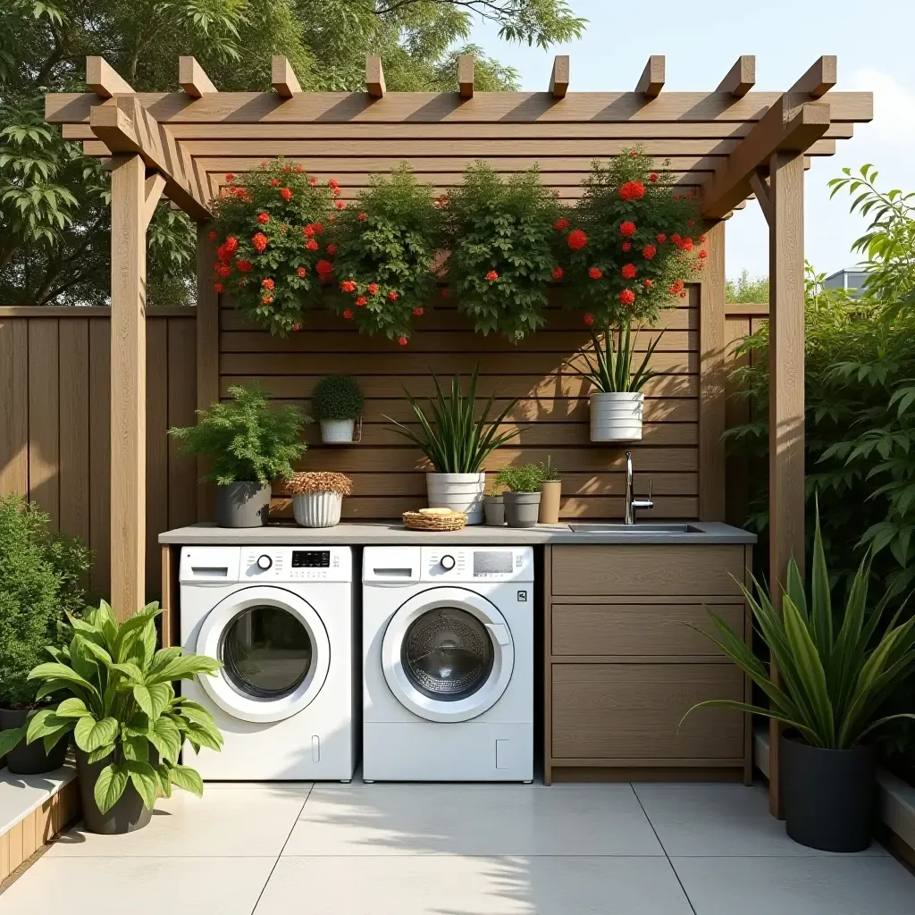 a photo of an outdoor laundry space with a stylish pergola and hanging plants