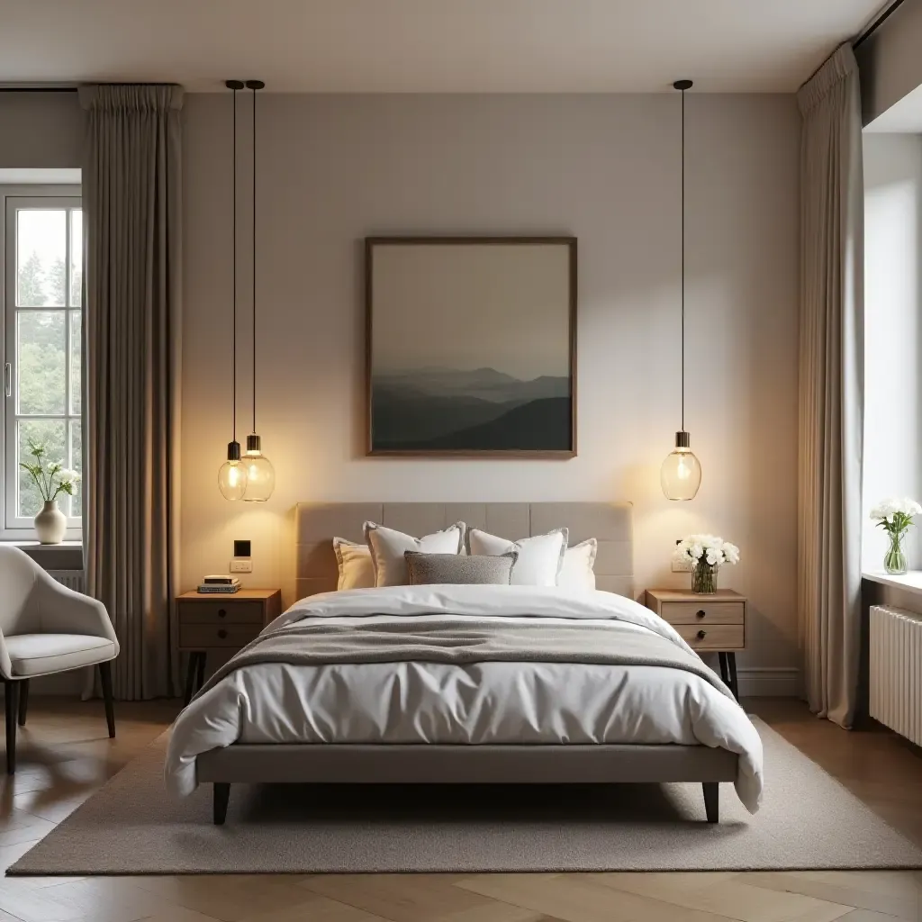 a photo of a stylish shared bedroom with coordinated pendant lighting