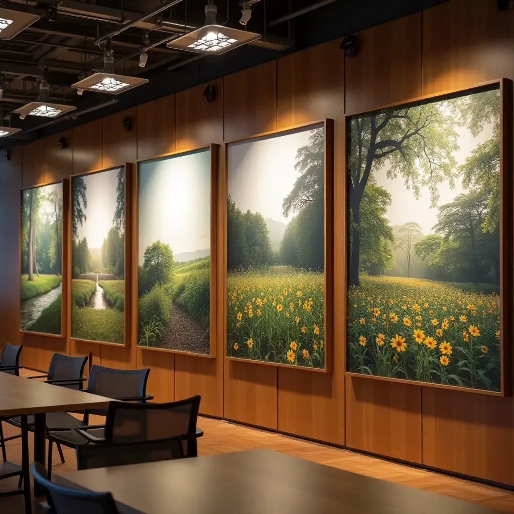 a photo of a library wall showcasing a series of nature photographs