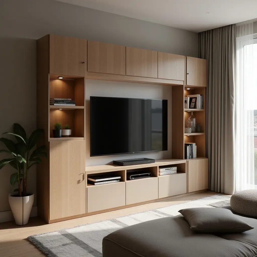 a photo of a compact living room with a stylish storage unit