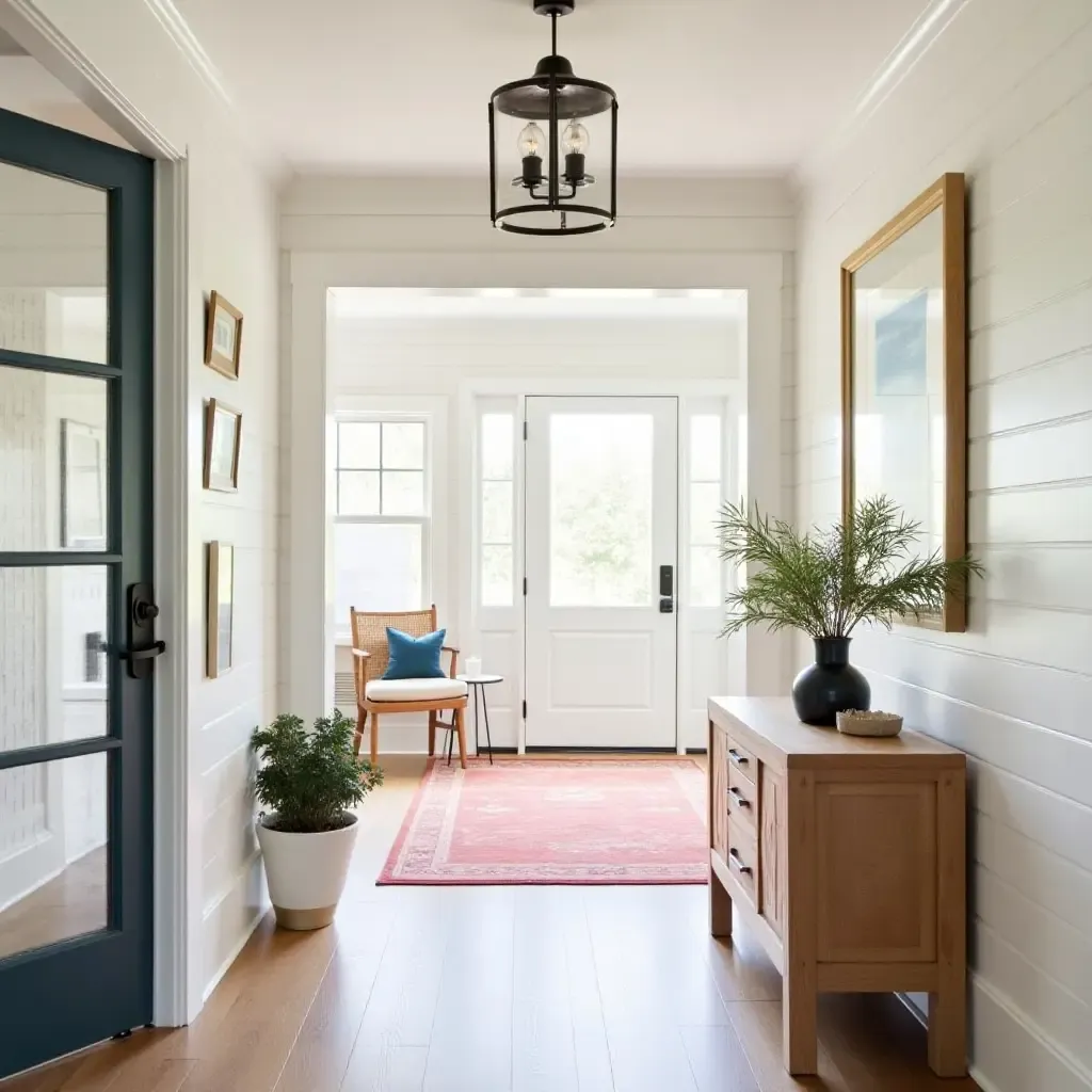 a photo of a bright entry hall with white shiplap and colorful accents