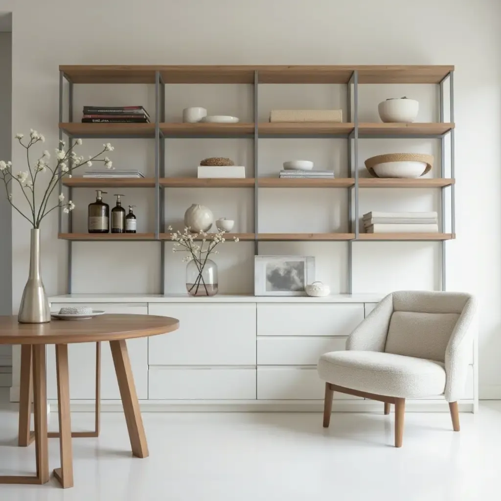 a photo of open shelving with a monochromatic color scheme and minimalist decor