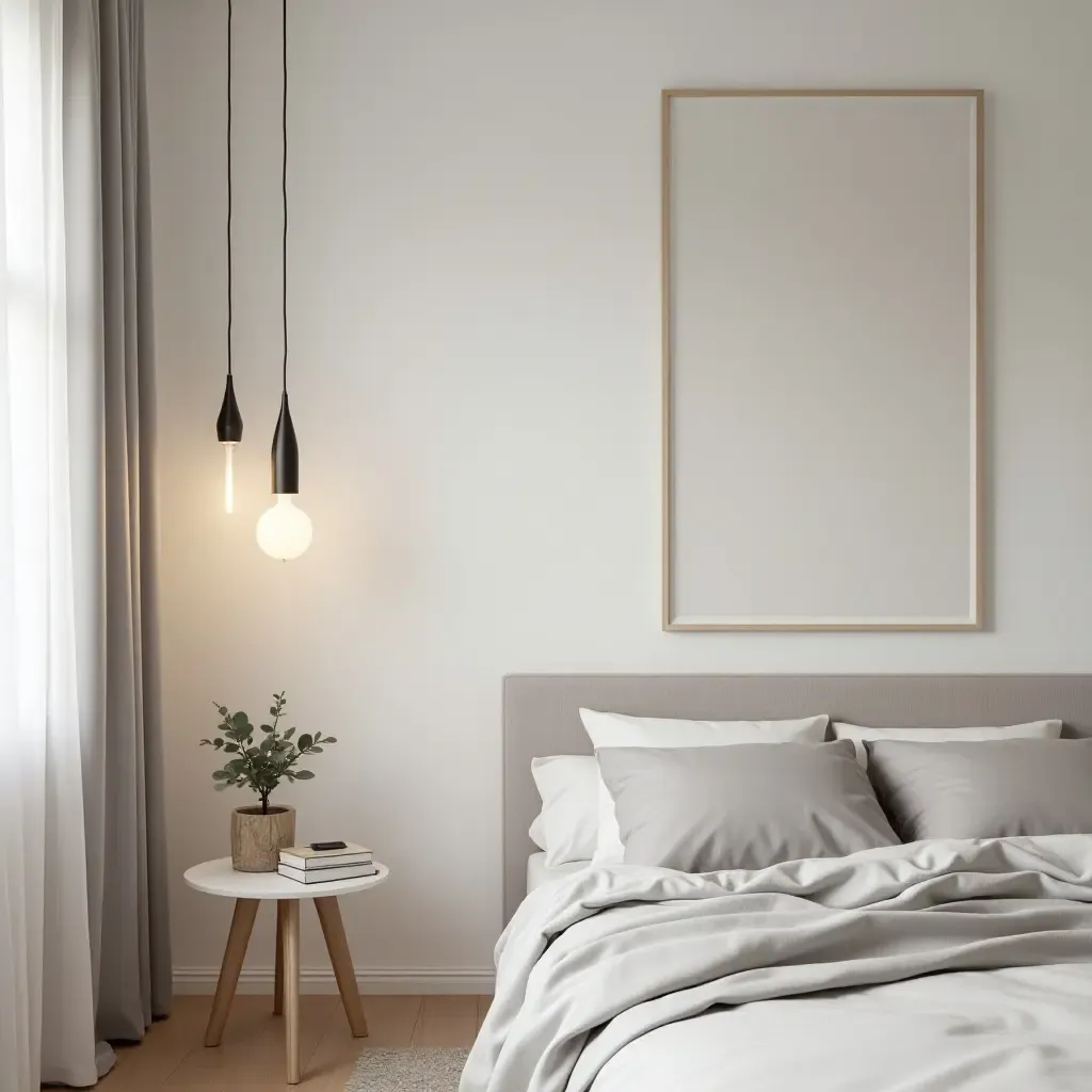 a photo of a minimalist teen room with sleek pendant fixtures