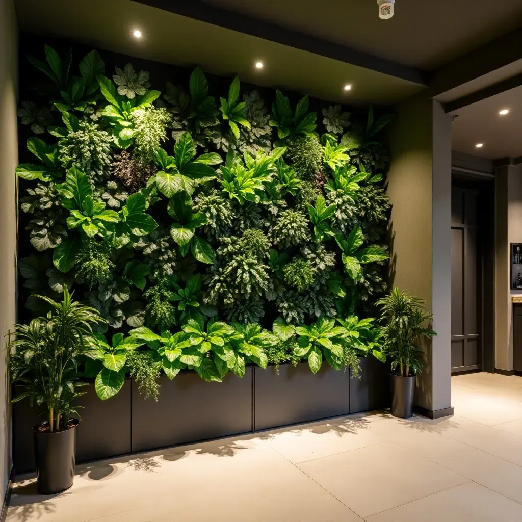 a photo of a modern basement featuring a vertical garden wall