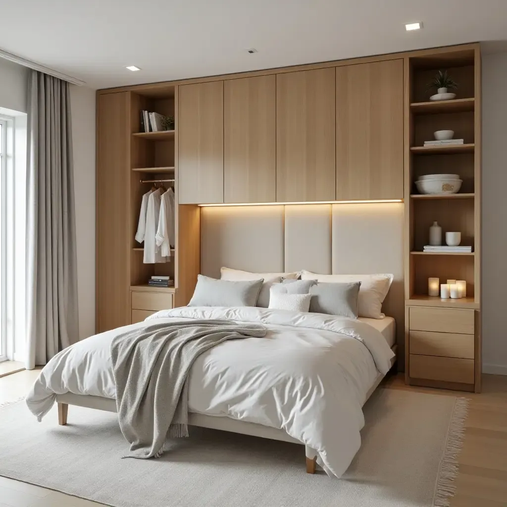 a photo of a functional Scandinavian bedroom with smart storage solutions