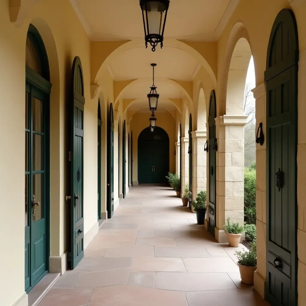 a photo of a charming corridor with arched doorways and wrought iron details