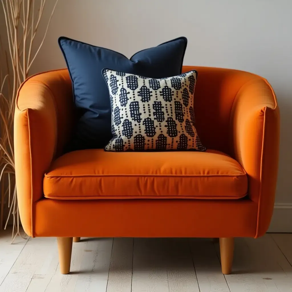 a photo of a cozy orange chair with navy patterned cushions