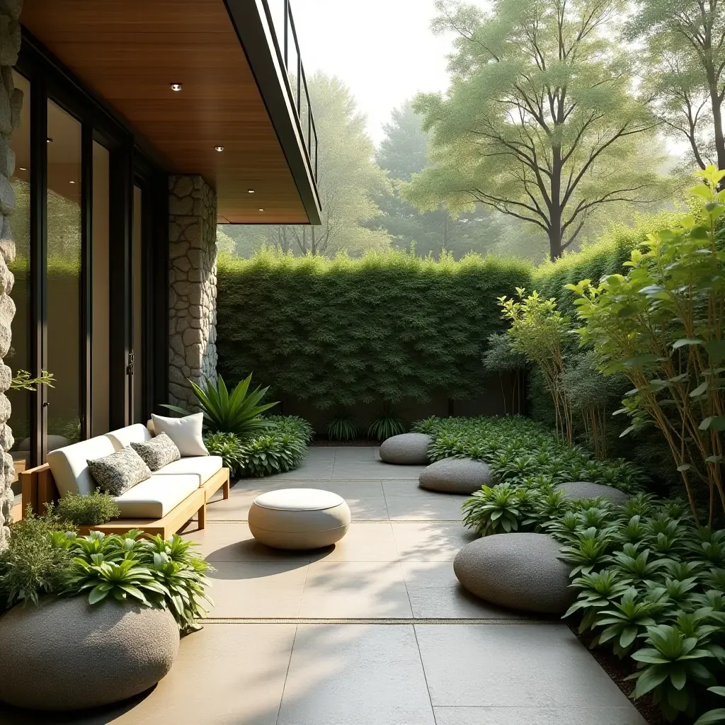 a photo of a serene balcony with a zen garden and seating area