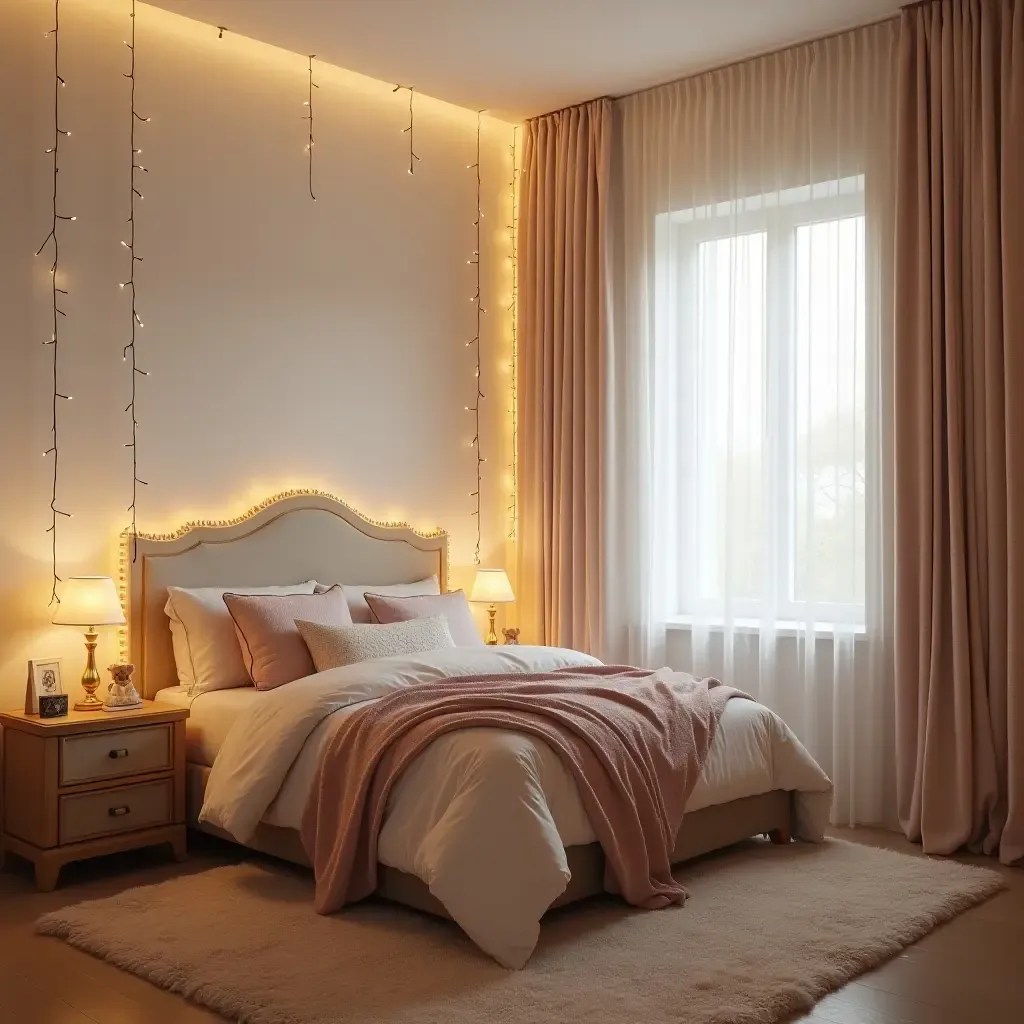 a photo of a glamorous kids&#x27; bedroom with fairy lights and soft textiles