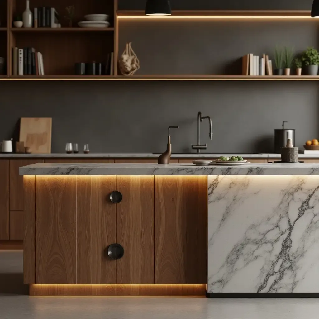 a photo of a countertop featuring a mix of textures with wood and metal accents