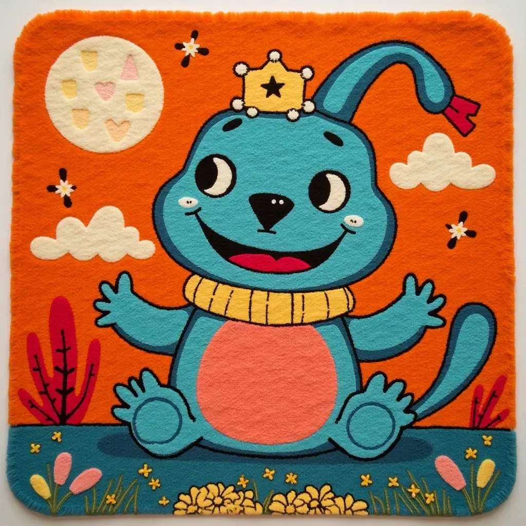 a photo of a bright, cartoon-inspired rug with fun characters