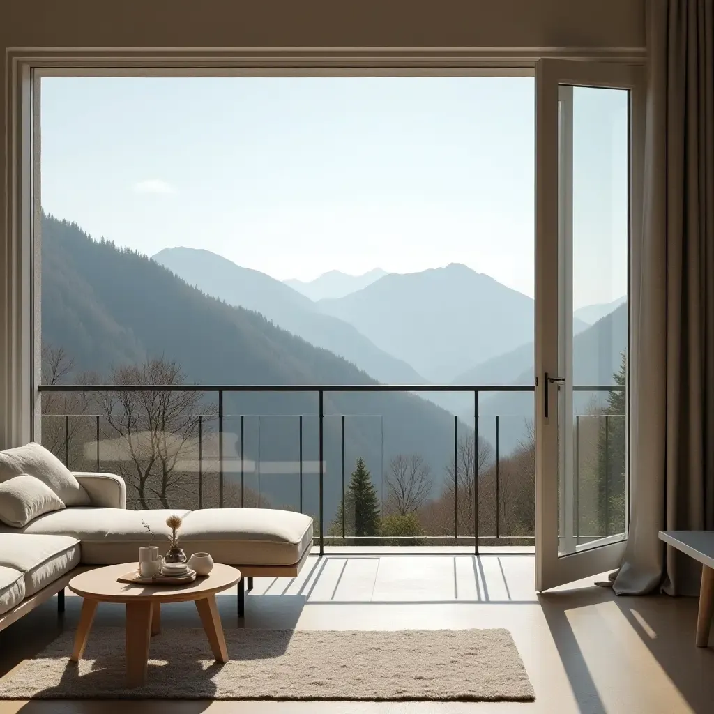 a photo of a balcony with a view of the mountains and minimalist decor