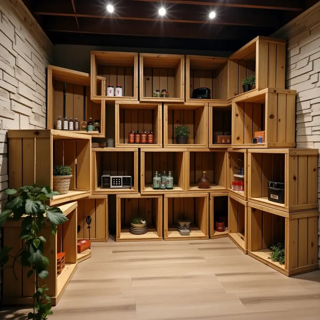 a photo of a basement with wooden crates used as decor