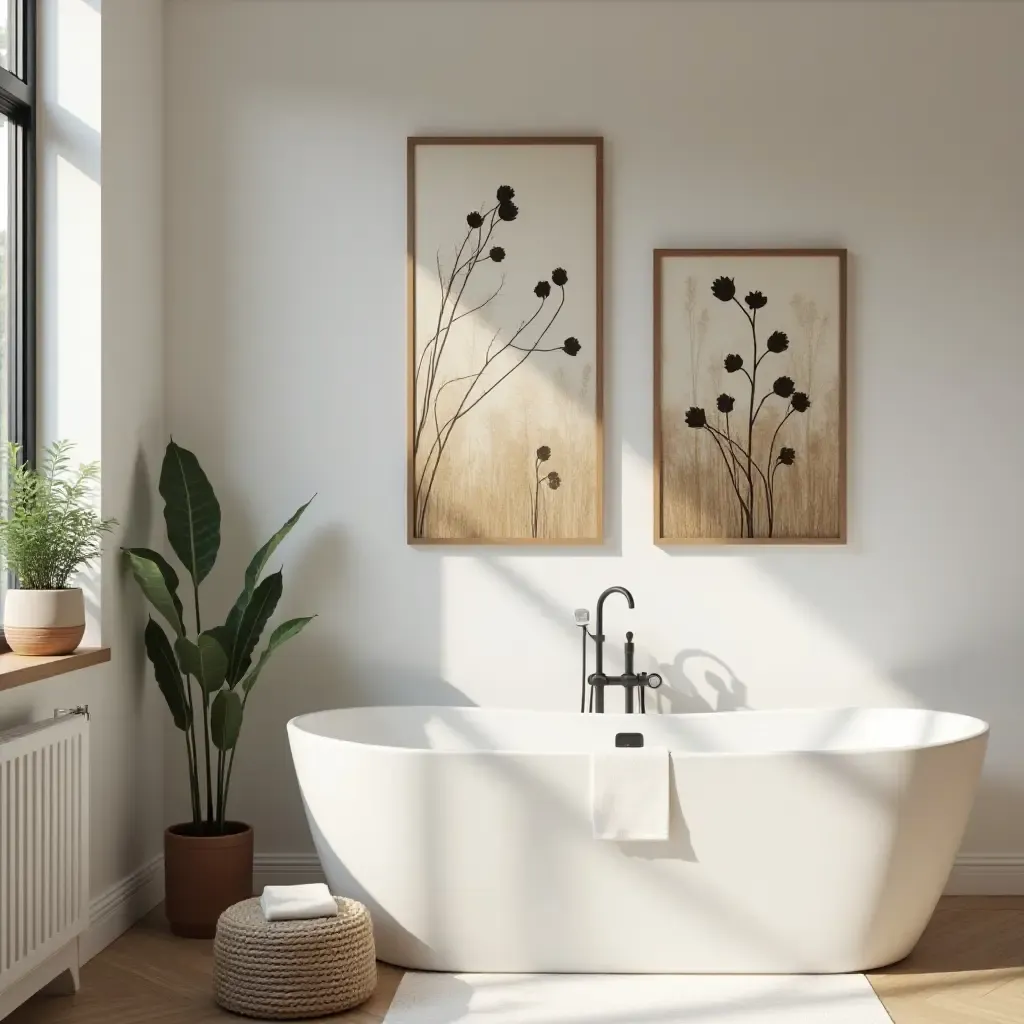 a photo of a nature-themed wall art arrangement in a cozy bathroom