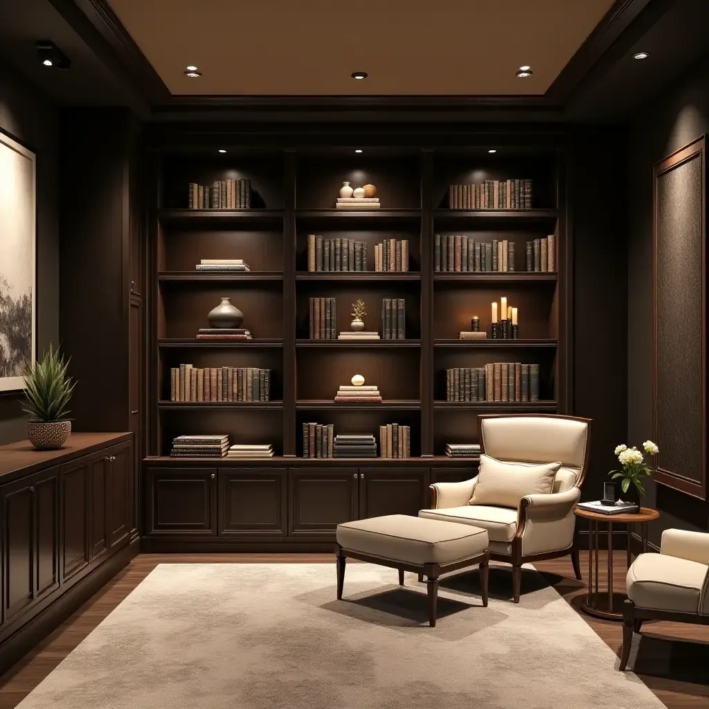 a photo of a sophisticated basement library with elegant bookshelves and decor