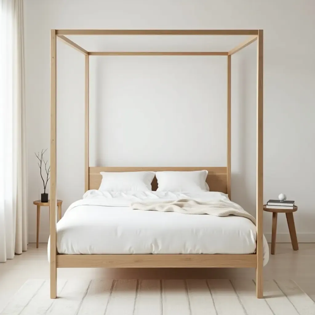 a photo of a chic Scandinavian-inspired canopy bed with light wood