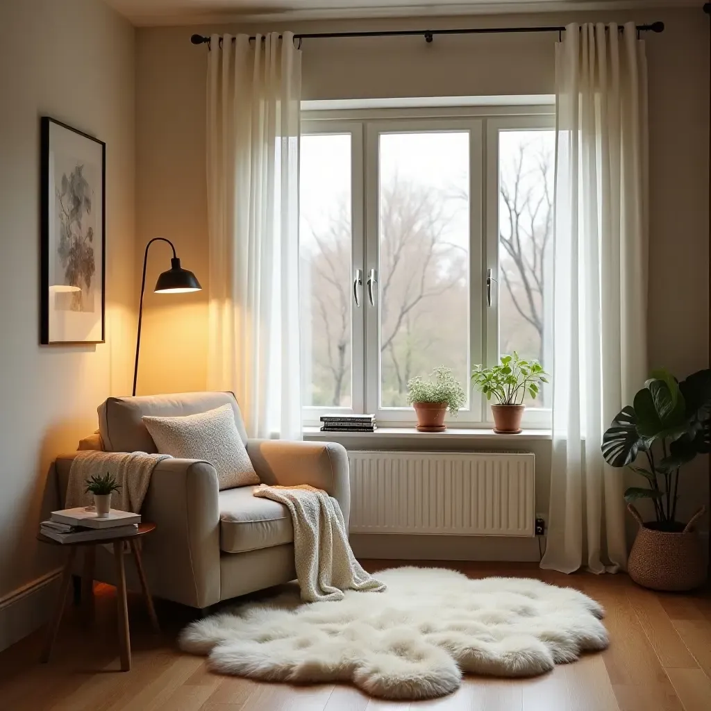 a photo of a reading nook with a soft rug and a stylish floor lamp