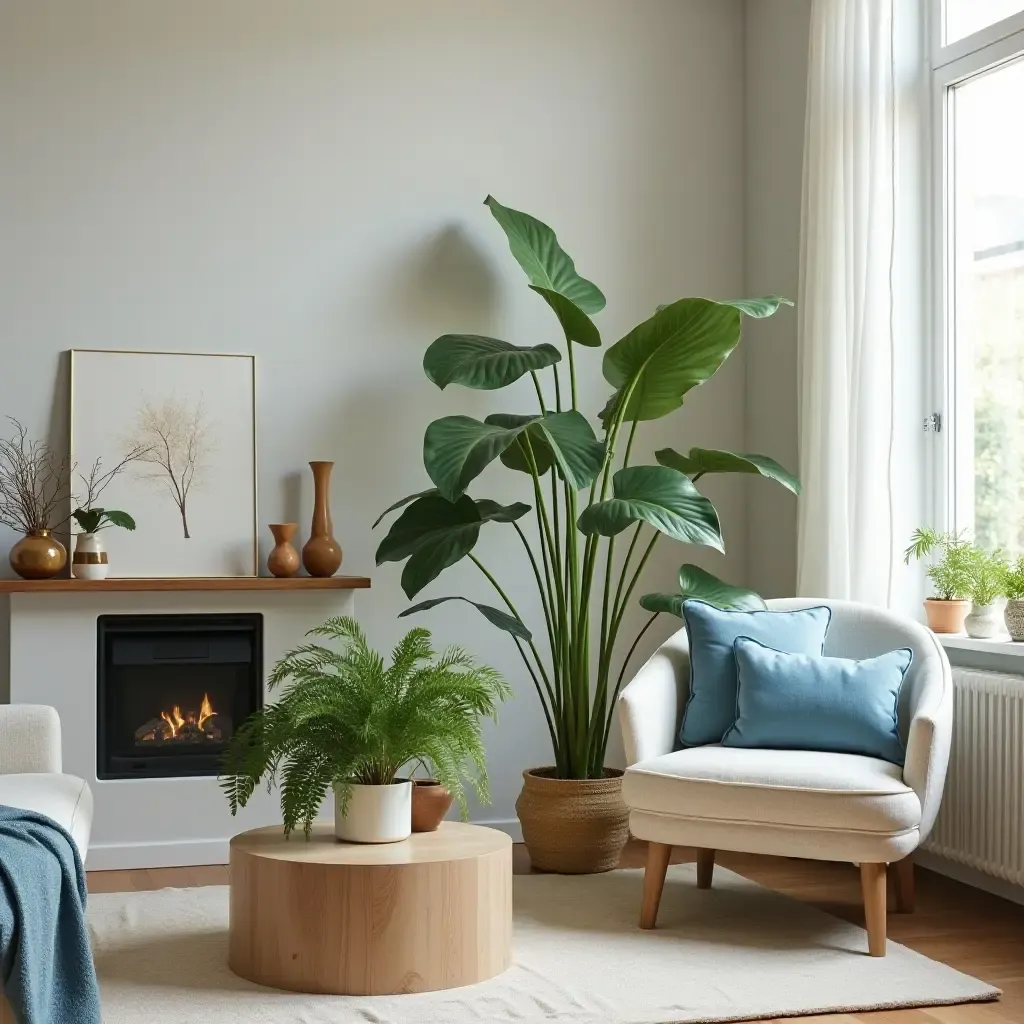 a photo of a cream and blue indoor plant arrangement enhancing the living room ambiance