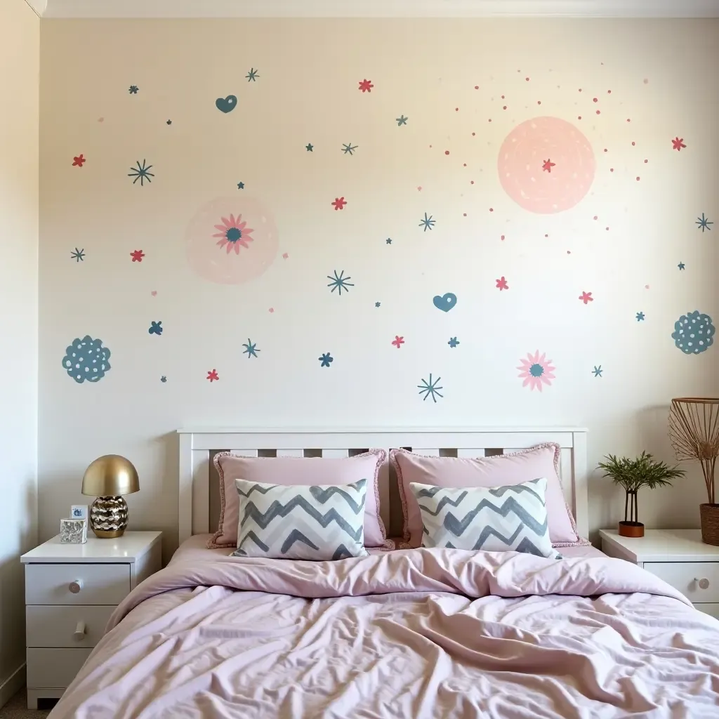 a photo of colorful wall decals created by a teenager in their bedroom