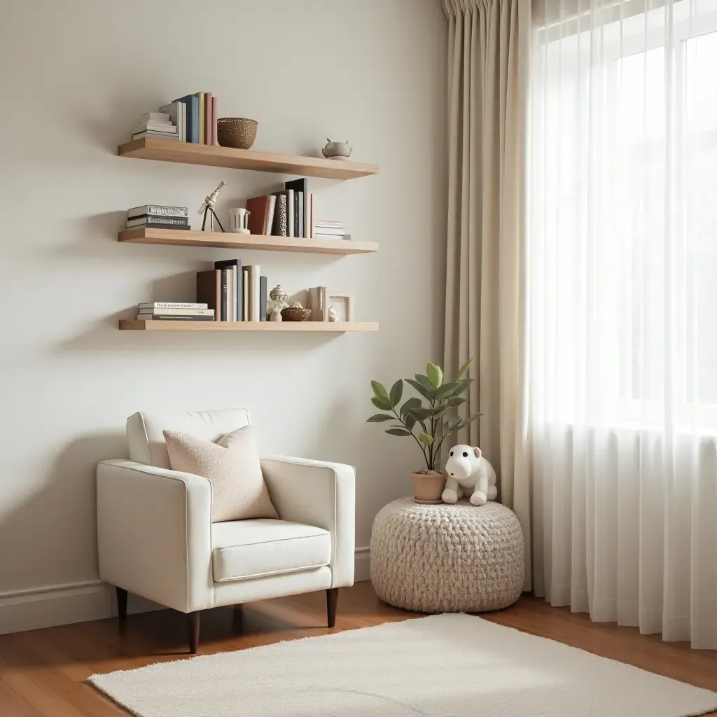 a photo of a reading nook with a small bookshelf and a comfy chair in a nursery