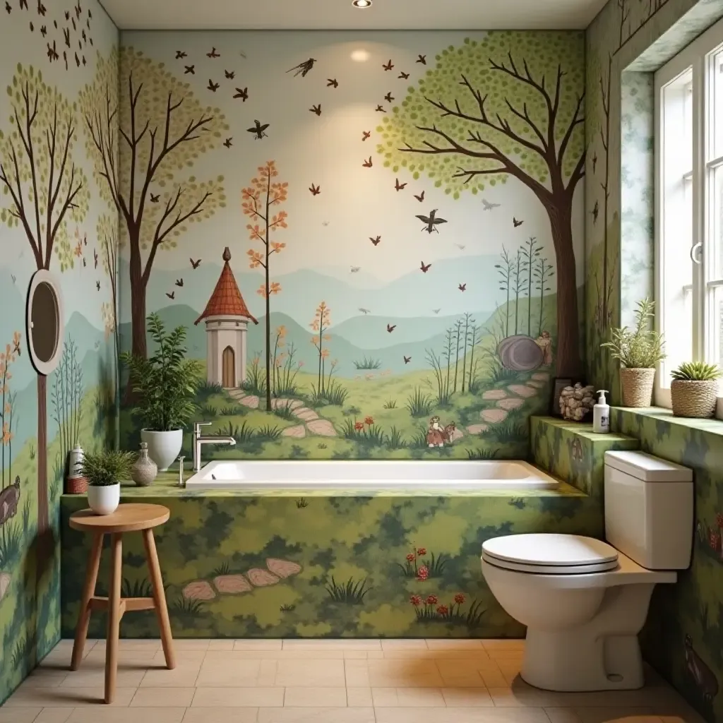 a photo of a whimsical fairy tale scene painted on a bathroom wall