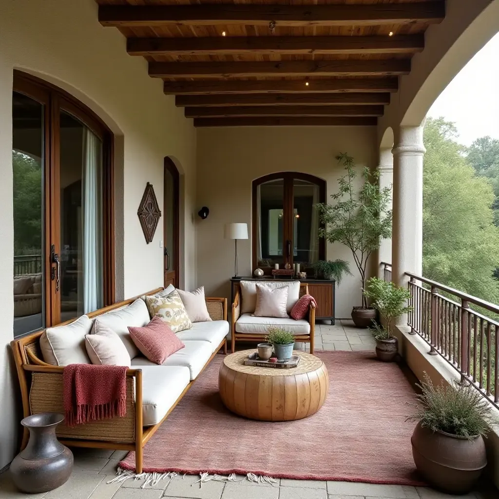 a photo of a bohemian balcony with layered fabrics, natural wood, and antique metal pieces