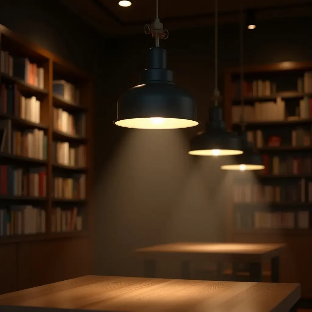 a photo of a library with pendant lights casting soft, ambient light