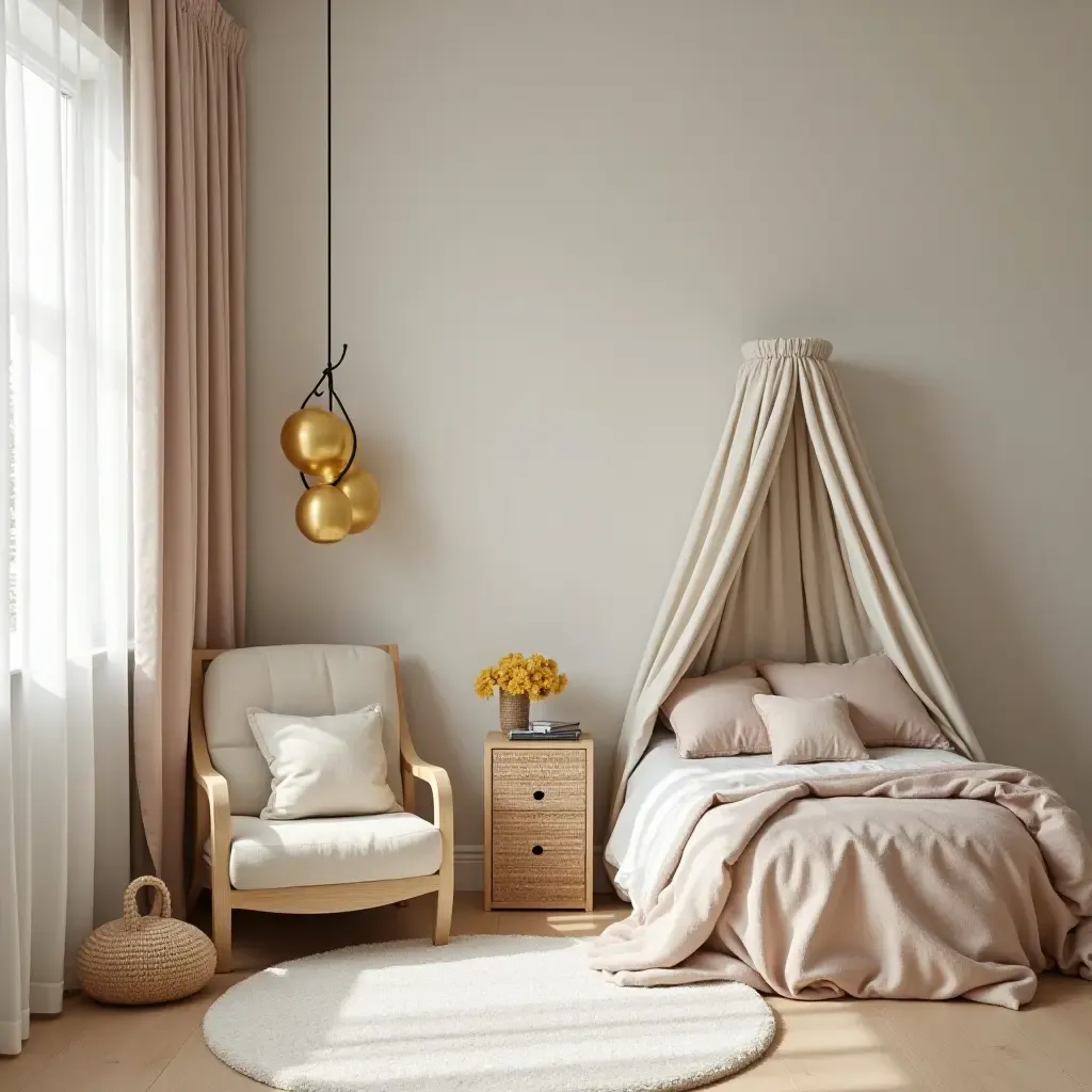 a photo of an elegant kids&#x27; room decorated with gold metallic toys