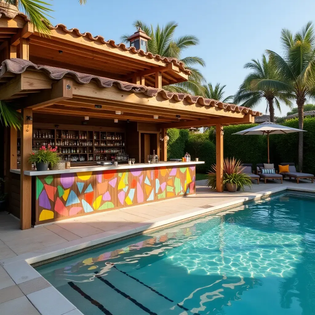 a photo of a colorful outdoor bar set up beside a sparkling pool