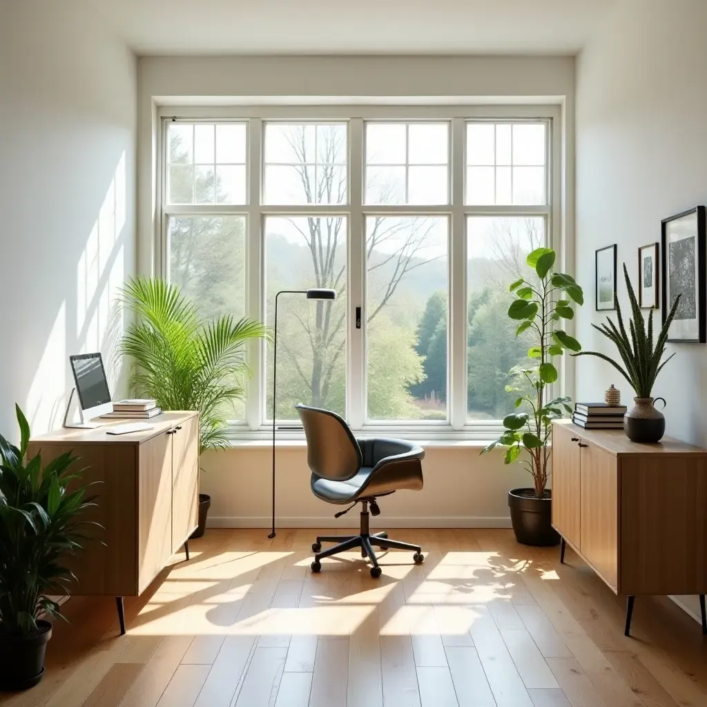 a photo of a bright and airy home office with large windows and natural light