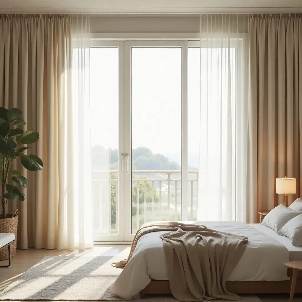 a photo of a serene bedroom featuring a wall of windows and soft curtains