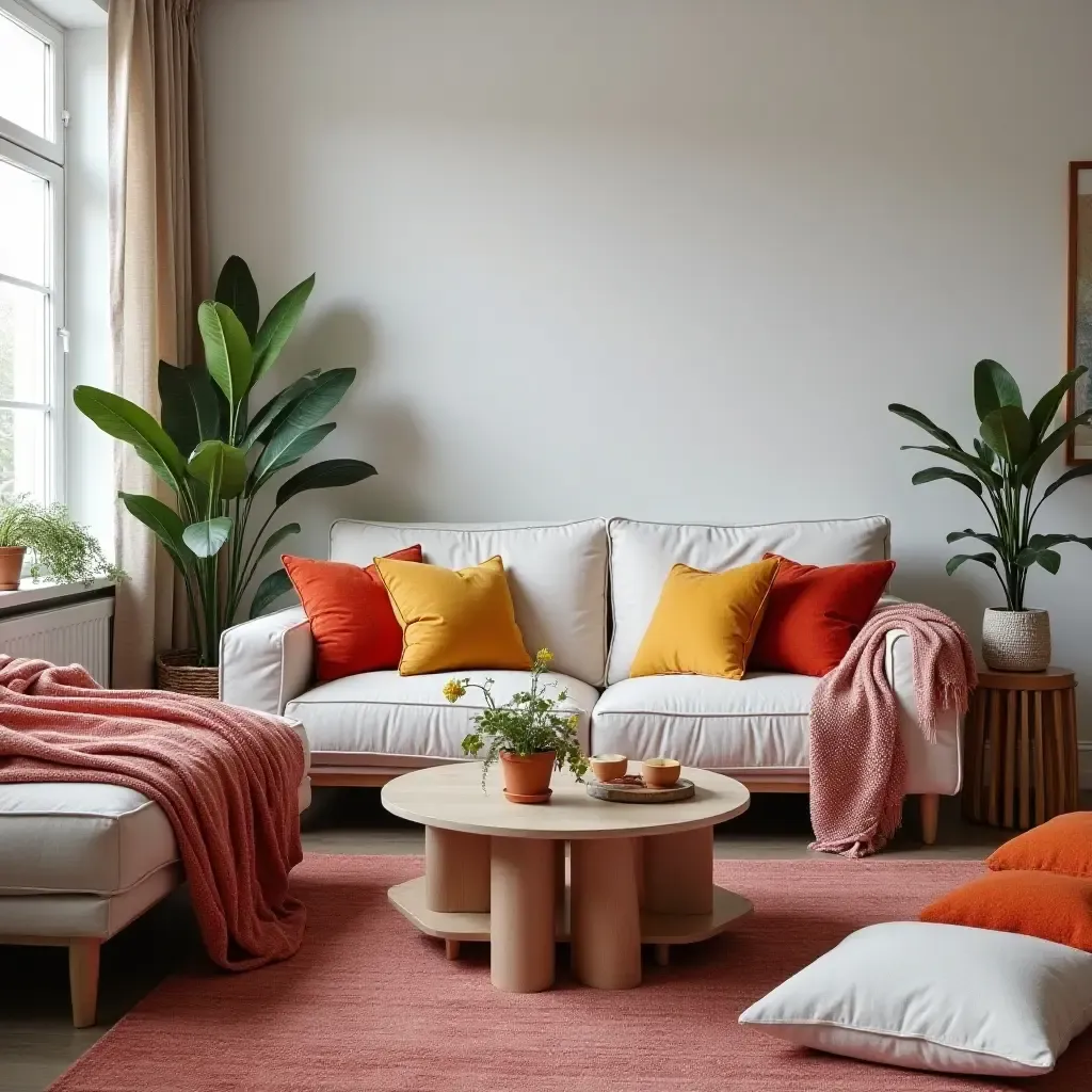 a photo of a living room with colorful cushions and throws