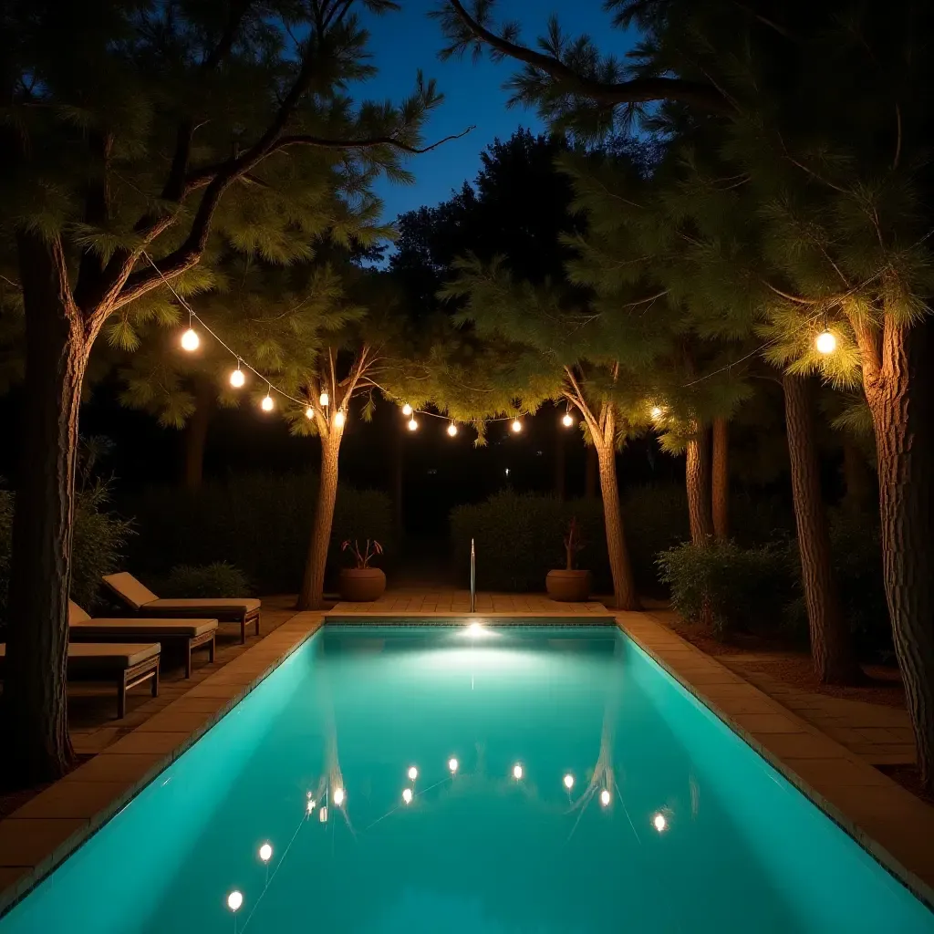 a photo of a secluded pool surrounded by pendant lights in trees