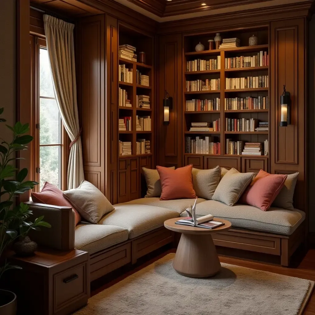 a photo of a reading nook with a warm, inviting atmosphere and decor