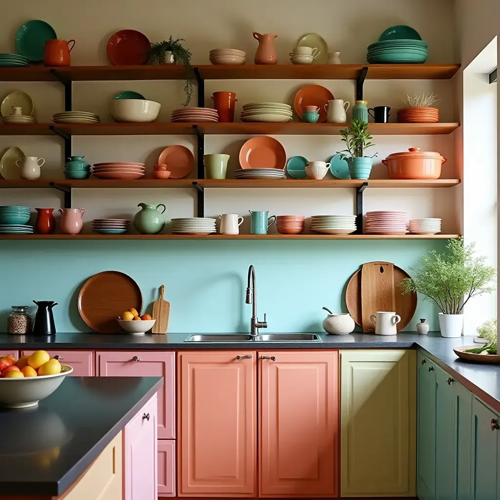 a photo of a colorful kitchen with open shelves filled with eclectic dishware